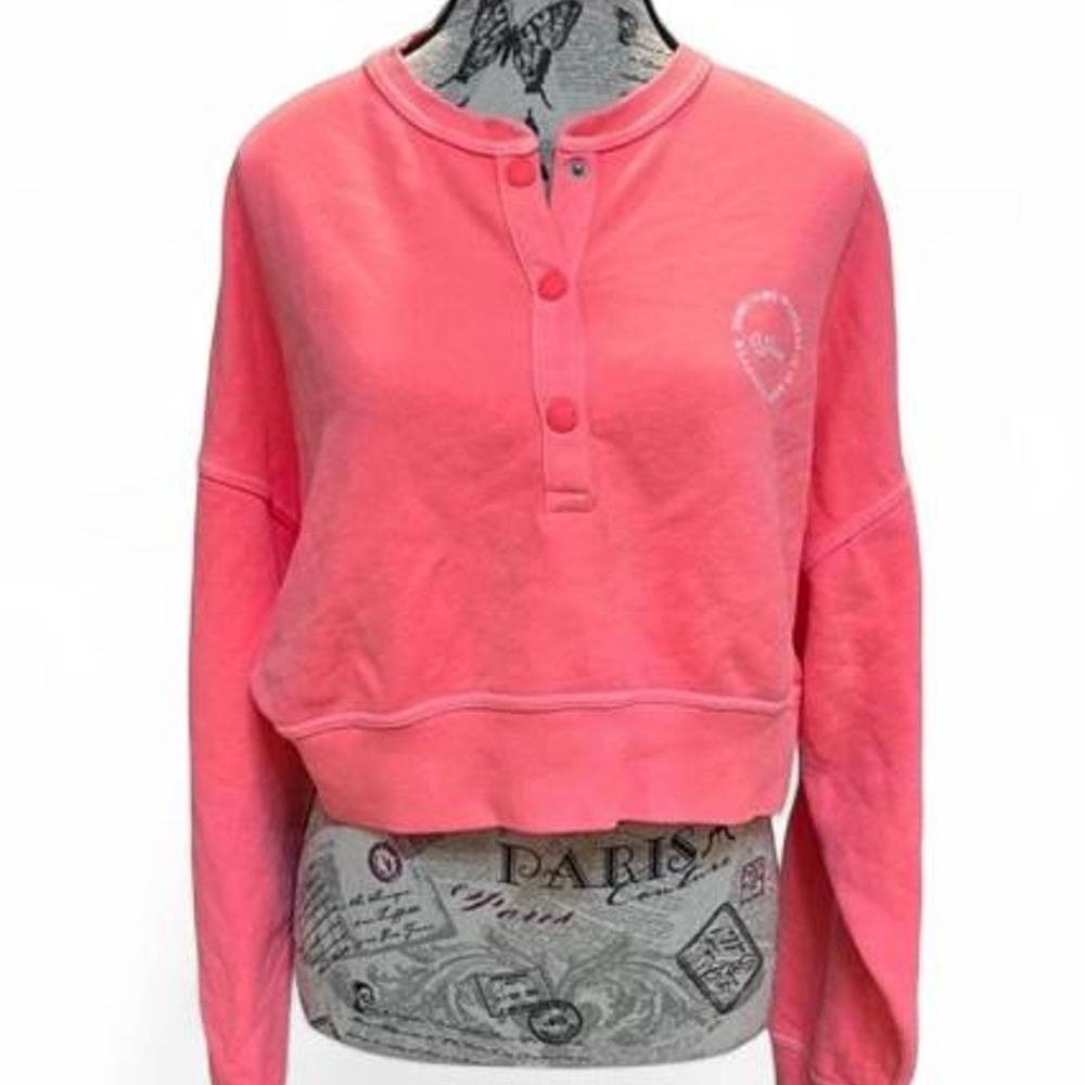 Aerie OFFLINE Cropped Henley Sweatshirt Coral Pink Snap Front Womens Medium NWT